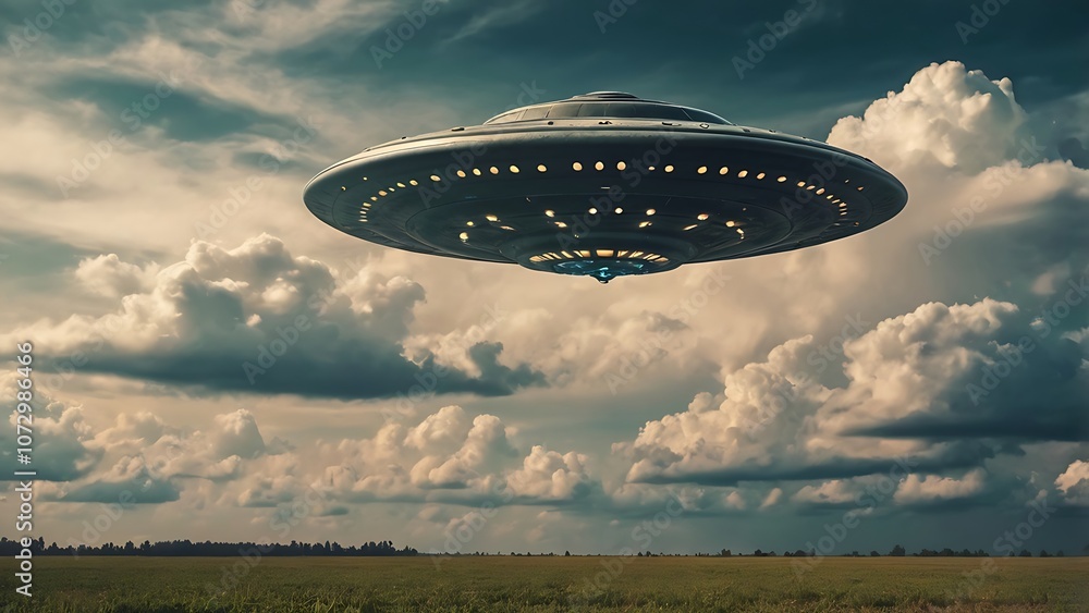 Fototapeta premium UFO, alien saucer hovering above the field in the clouds, hovering motionless in the sky