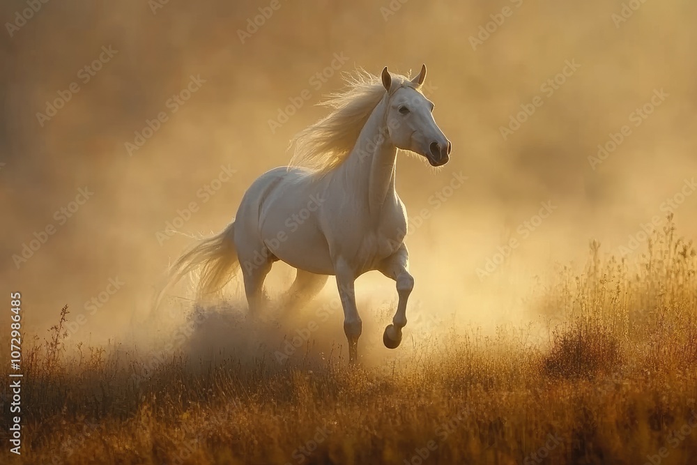 White horse running on a field during sunset, lifting dust White horse running on a field during sunset, lifting dust