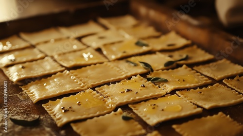 Freshly prepared ravioli dough on a wooden board.