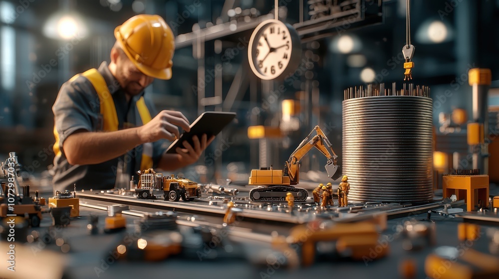 Steel construction site featuring focused workers, a visible clock ticking, and a supervisor engaging with a tablet, pleased with efficient teamwork Steel construction site featuring focused workers, a visible clock ticking, and a supervisor engaging with a tablet, pleased with efficient teamwork