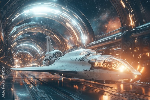 Fototapeta Naklejka Na Ścianę i Meble -  Spaceship docked in futuristic space station with starry backdro