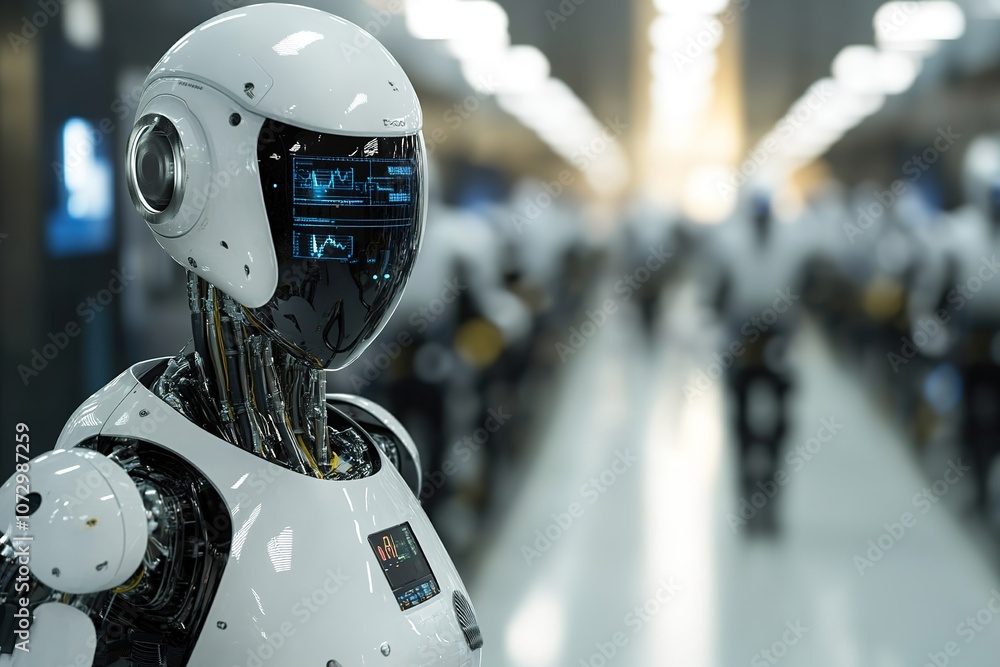 Futuristic robot with digital face in crowded hall Futuristic robot with digital face in crowded hall