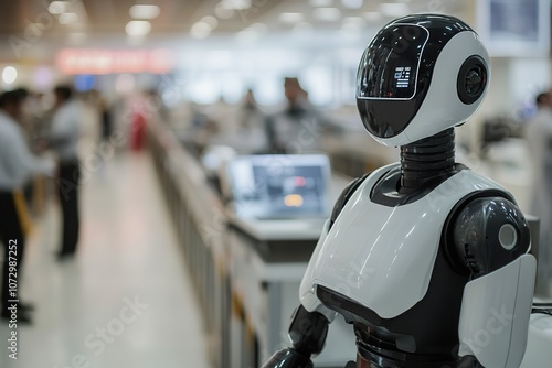 Robot at airport providing guidance, modern technology service