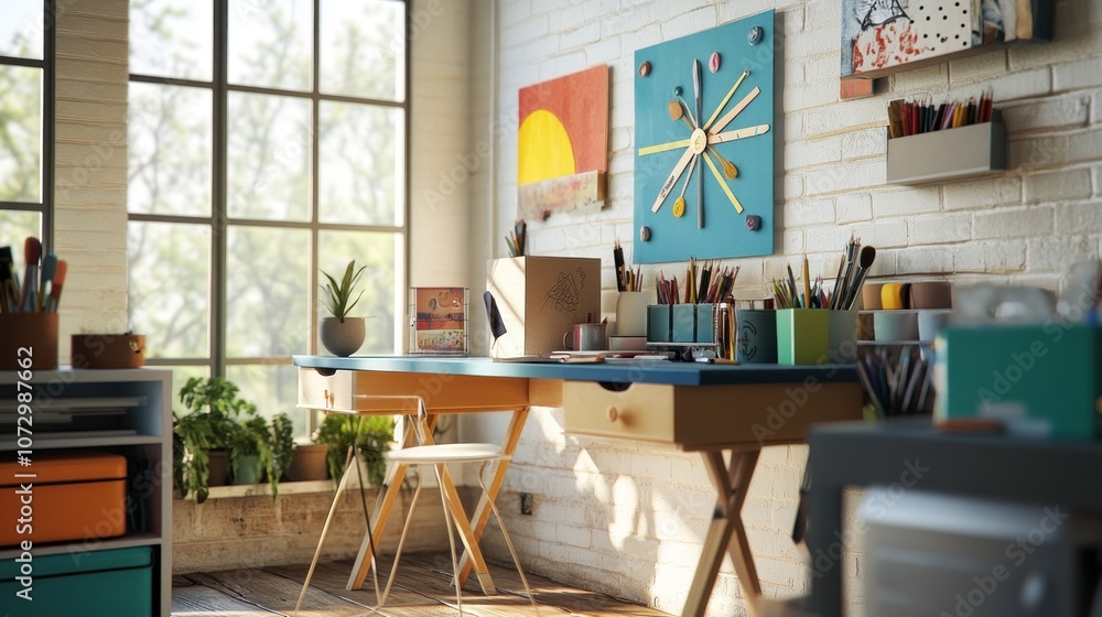 A bright and airy studio workspace with a wooden desk, a white brick wall, and an abundance of art supplies. A bright and airy studio workspace with a wooden desk, a white brick wall, and an abundance of art supplies.