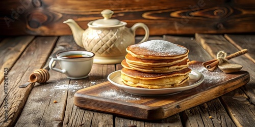 Golden Stack of Pancakes Adorned with Powdered Sugar, a Rustic Wooden Backdrop, and a Warm Cup of Tea