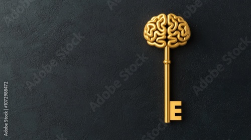 A golden key shaped like a brain symbolizes knowledge and unlocking potential, set against a dark textured background.