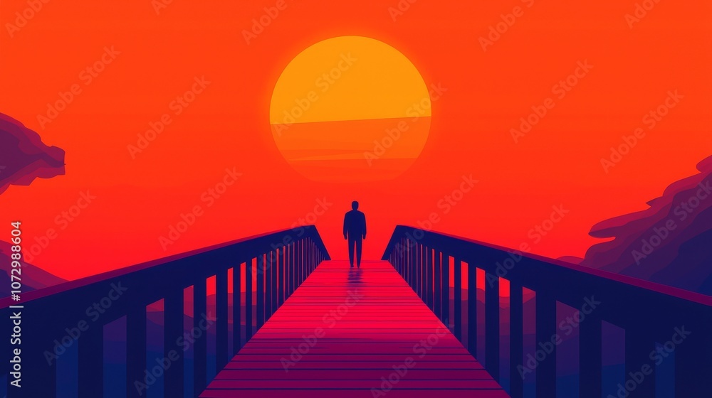 Fototapeta premium A solitary figure walks along a vibrant pier at sunset, surrounded by vivid colors that evoke tranquility and reflection.