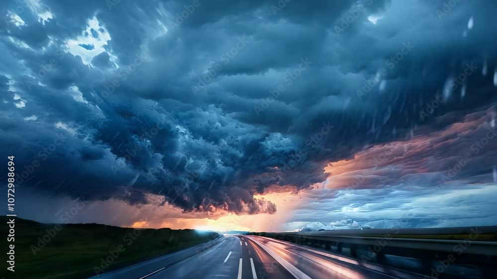 Nature showcases its powerful beauty as dark storm clouds loom above while a vibrant sunset paints the horizon, creating a breathtaking view along an empty road. Nature showcases its powerful beauty as dark storm clouds loom above while a vibrant sunset paints the horizon, creating a breathtaking view along an empty road.