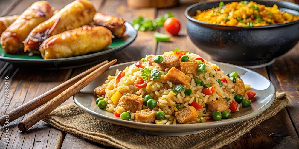Aromatic Fried Rice with Crispy Cubes, Vibrant Green Peas, and Sliced Red Peppers, Accompanied by a Side of Golden Rolls and Chopsticks, Awaiting a Savory Meal Aromatic Fried Rice with Crispy Cubes, Vibrant Green Peas, and Sliced Red Peppers, Accompanied by a Side of Golden Rolls and Chopsticks, Awaiting a Savory Meal