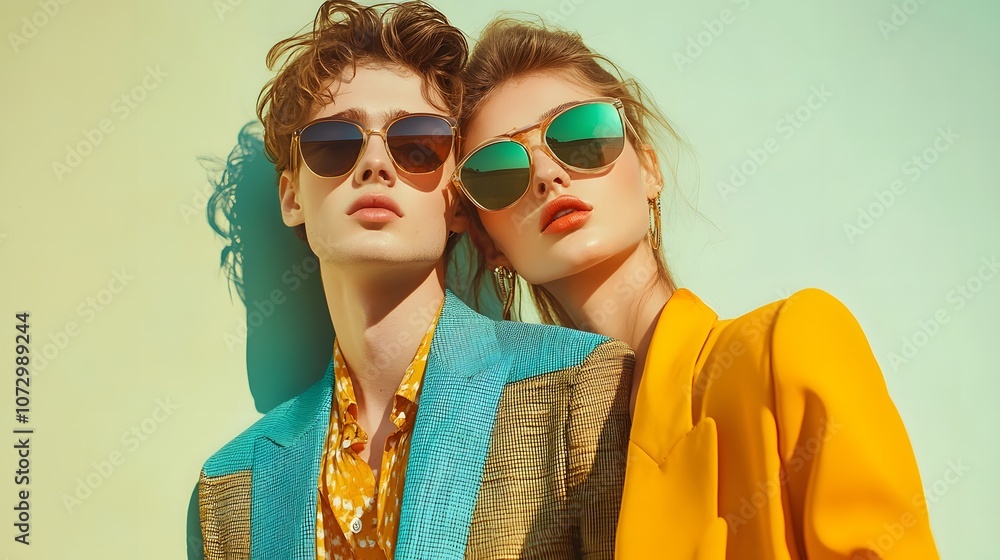 Fashion couple young models in stylish sunglasses on a minimalistic wall background. Ideal advertising for accessories eyewear stores Fashion couple young models in stylish sunglasses on a minimalistic wall background. Ideal advertising for accessories eyewear stores