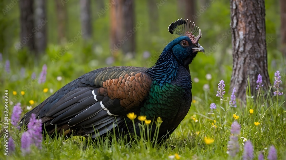 Obraz premium Vibrant Spring: The Capercaillie's Majestic Display in the Wild