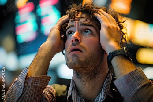 A man looks up in shock, hands on head. This image is perfect for illustrating concepts like financial stress, market volatility, or surprise.