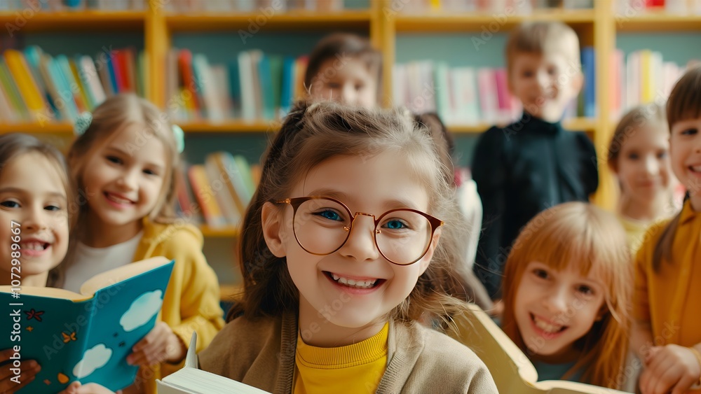 Fototapeta premium Smiling Girl with Glasses Holding Book in Library Surrounded by Friends and Books, Concept of Childhood Literacy and Curiosity