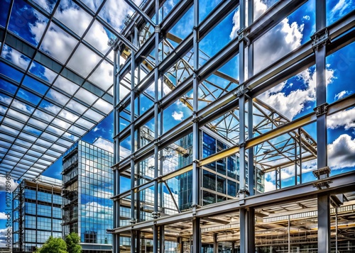 Juxtaposition of Steel Structures and Reflective Glass in Urban Architecture: A Conceptual Photography Representation of Modern Industrial Design Under Construction