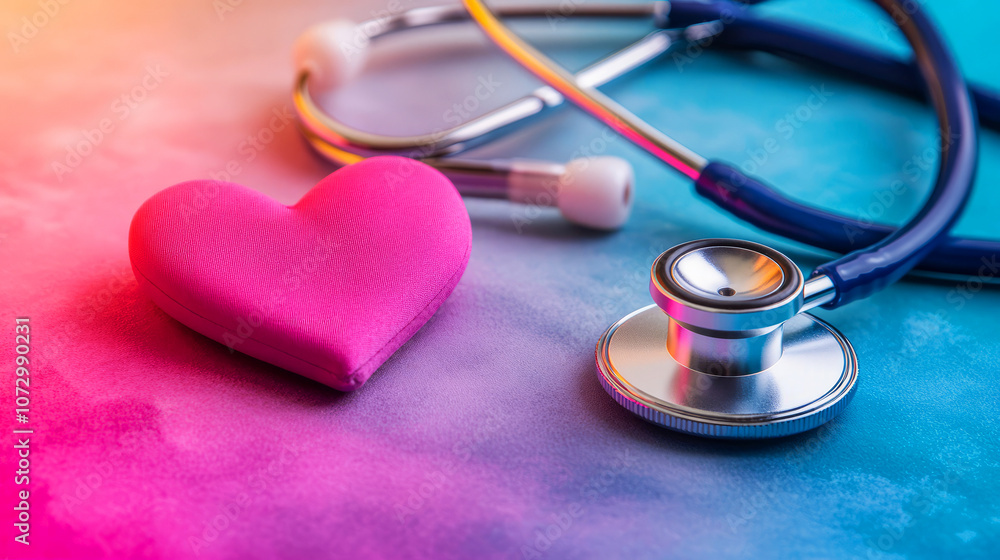 Colorful Stethoscope and Pink Heart on a Vibrant Background Representing Healthcare, Compassion, and the Importance of Medical Services for Wellness and Love Colorful Stethoscope and Pink Heart on a Vibrant Background Representing Healthcare, Compassion, and the Importance of Medical Services for Wellness and Love