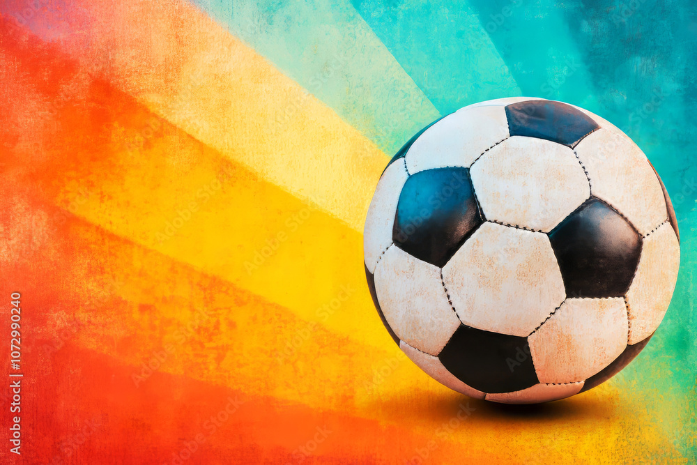 Obraz premium Colorful Soccer Ball Against Vibrant Background with Radiant Stripes in Orange, Yellow, and Teal Perfect for Sports Events, Teams, and Youth Activities