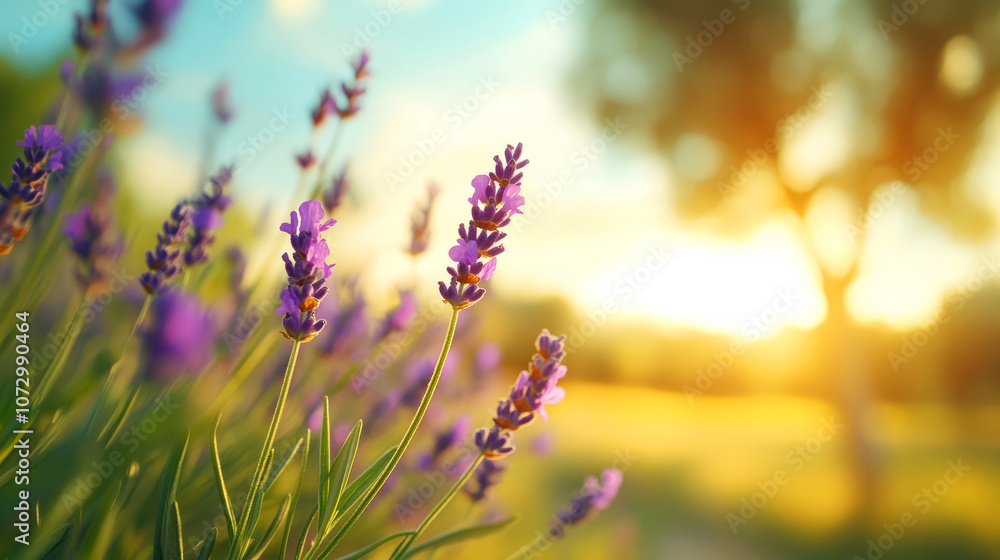 Obraz premium Beautiful Lavender Flowers Bathed in Soft Sunset Light with Scenic Landscape Background Showcasing Nature's Calmness and Serenity