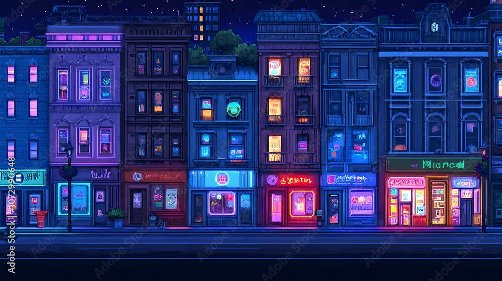 A vibrant street scene at night with colorful neon lights and bustling activity. A vibrant street scene at night with colorful neon lights and bustling activity.