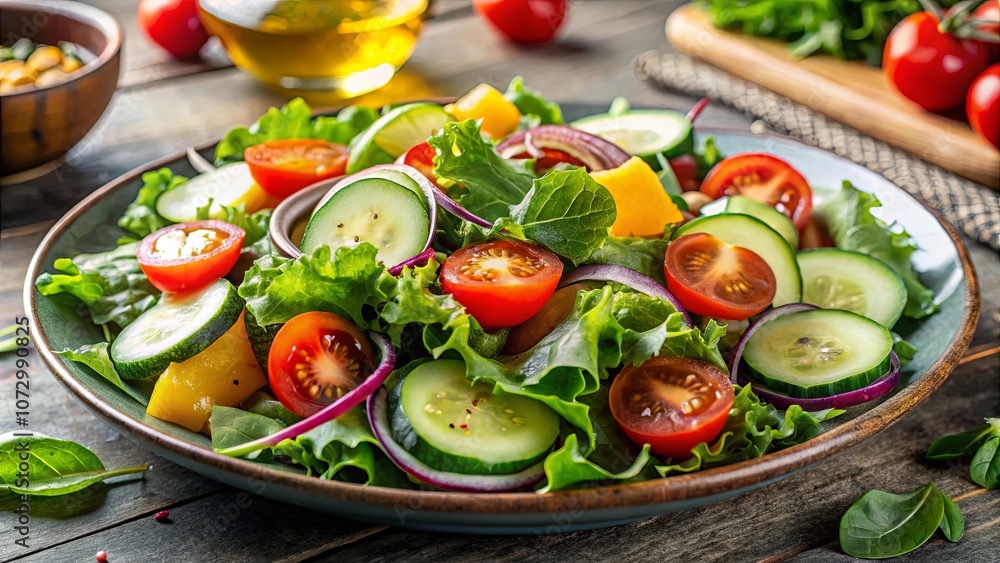 Aromatic Salad with Fresh Greens, Crisp Cucumbers, and Juicy Tomatoes, Served on a Rustic Wooden Table Aromatic Salad with Fresh Greens, Crisp Cucumbers, and Juicy Tomatoes, Served on a Rustic Wooden Table