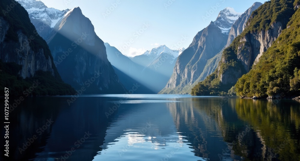 Fototapeta premium Milford Sound in Fiordland National Park, New Zealand, with mist-covered mountains, calm waters, and lush greenery, creating a tranquil scene under soft, natural light.