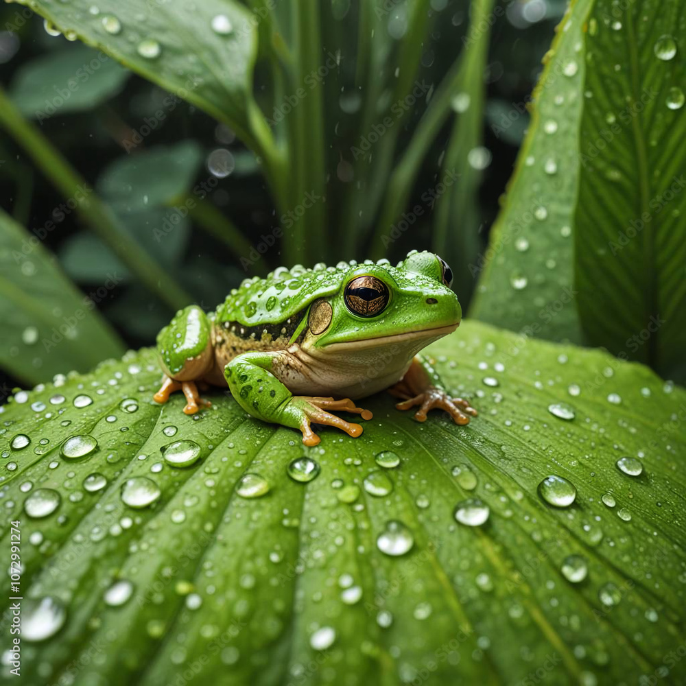 Obraz premium Frog on Dewy Leaf