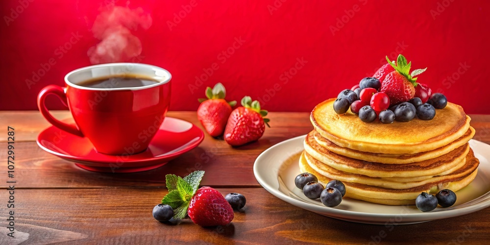 A steaming cup of coffee, a plate of fluffy pancakes topped with blueberries and strawberries, and a scattering of fresh fruit create a delightful breakfast scene. A steaming cup of coffee, a plate of fluffy pancakes topped with blueberries and strawberries, and a scattering of fresh fruit create a delightful breakfast scene.