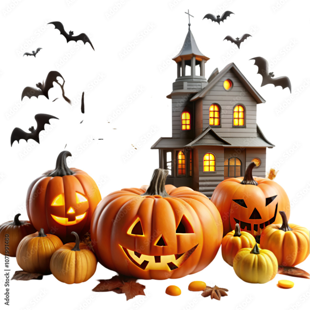 A collection of carved pumpkins and tools for Halloween decoration A collection of carved pumpkins and tools for Halloween decoration