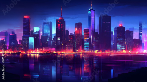 Wallpaper Mural A vibrant, stylized illustration of a cityscape at night, with tall buildings and neon lights reflecting in the water. Torontodigital.ca