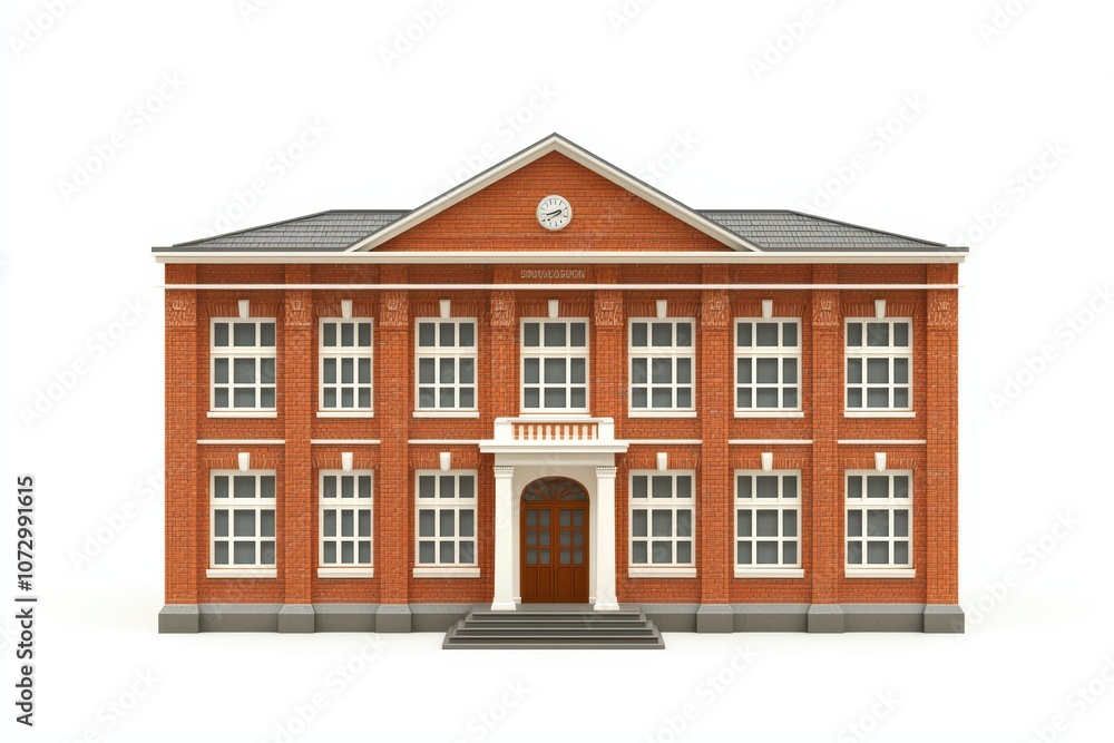 Classic brick building with symmetrical design and large windows, isolated on white background. Classic brick building with symmetrical design and large windows, isolated on white background.