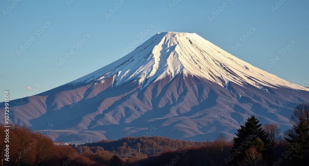 Fototapeta premium Mount Fuji, Japan, symmetrical snow-capped peak rising above forested landscapes, capturing the iconic beauty and cultural significance of Japan’s tallest mountain.