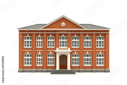 Classic brick building with symmetrical design and large windows, isolated on white background.