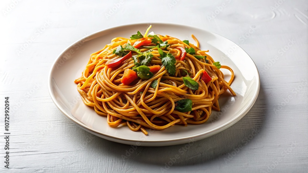 Minimalist Presentation of Bami Fried Noodles on a Simple White Plate with a Clean Background, Showcasing the Texture and Colors of the Dish in a Contemporary Style Minimalist Presentation of Bami Fried Noodles on a Simple White Plate with a Clean Background, Showcasing the Texture and Colors of the Dish in a Contemporary Style