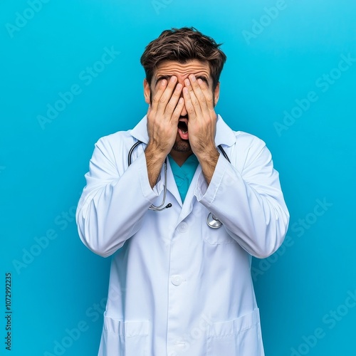 Doctor covers eyes and mouth, shocked