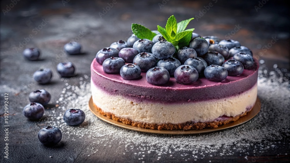 A Delectable Layered Dessert Topped with Fresh Blueberries and a Sprig of Mint on a Rustic Background A Delectable Layered Dessert Topped with Fresh Blueberries and a Sprig of Mint on a Rustic Background
