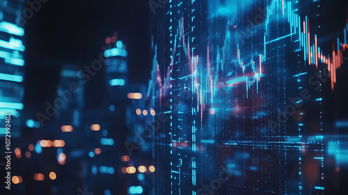 Digital Trading: High-tech digital display, with intricate data projections of financial markets, highlighting a dynamic and technologically advanced world of finance.