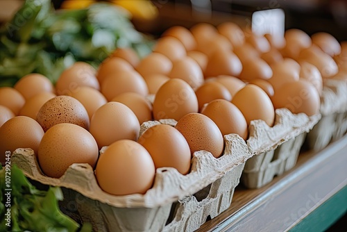 Close-up of fresh eggs in a carton. The image is perfect for illustrating healthy eating, cooking, and grocery shopping. photo