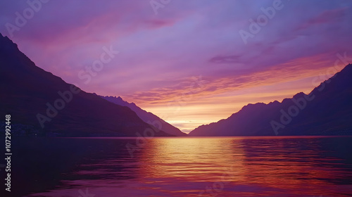 A vibrant sunset over a calm lake with mountains in the distance.