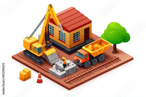 Construction site with heavy machinery and building materials on white isolate background.