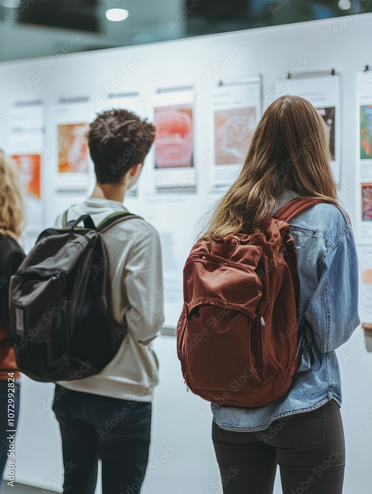 Obraz premium Teenagers viewing project display boards, back to school and educational event concept