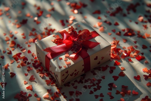 Gift Box with Red Ribbon and Heart Confetti on Table, Festive Valentine's Mood. AI generative