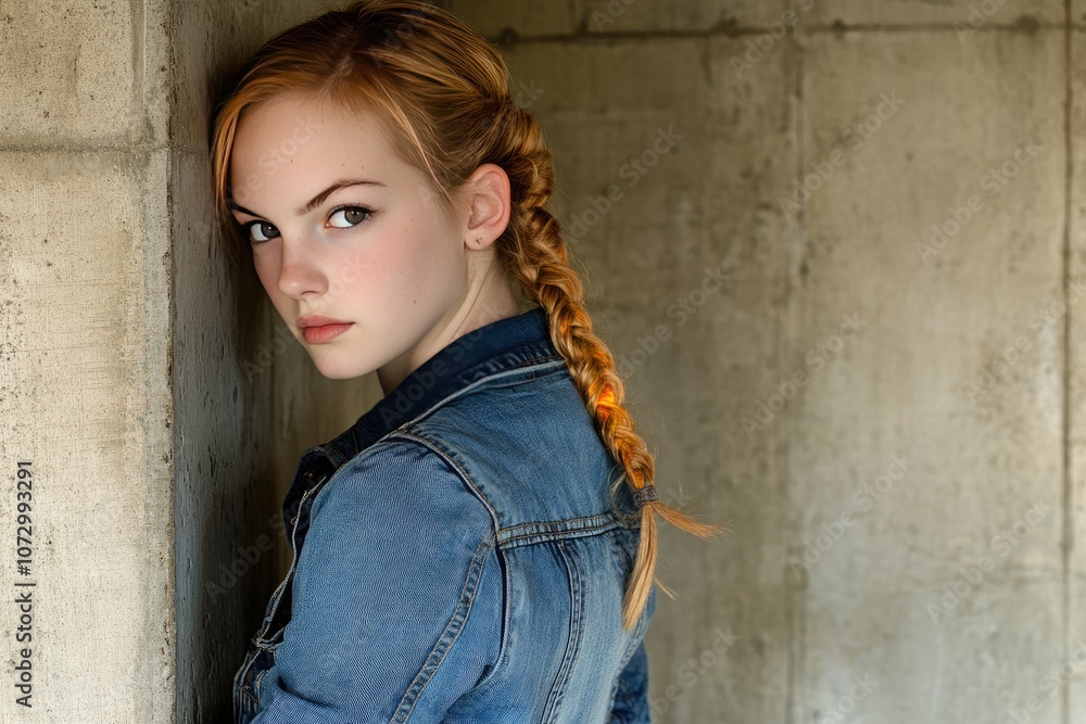 Pensive Woman in Denim Jacket with Braid Leaning Against Concrete Wall Pensive Woman in Denim Jacket with Braid Leaning Against Concrete Wall