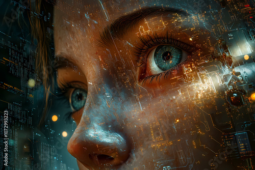 Gazing into Tomorrow: Close-up shot of a woman's piercing blue eyes, overlaid with digital data streams and futuristic cityscapes.