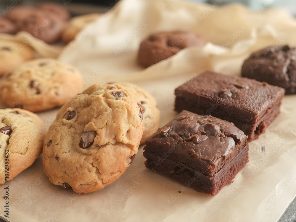 Chocolate chip cookies on baking paper, closeup. Delicious dessert Chocolate chip cookies on baking paper, closeup. Delicious dessert