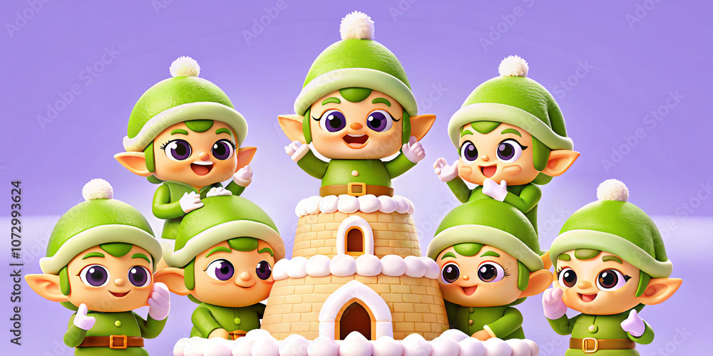 Fototapeta premium Cheerful elves in green hats standing proudly by a snow fort. Captures the magic and joy of Christmas in a whimsical, family-friendly style.
