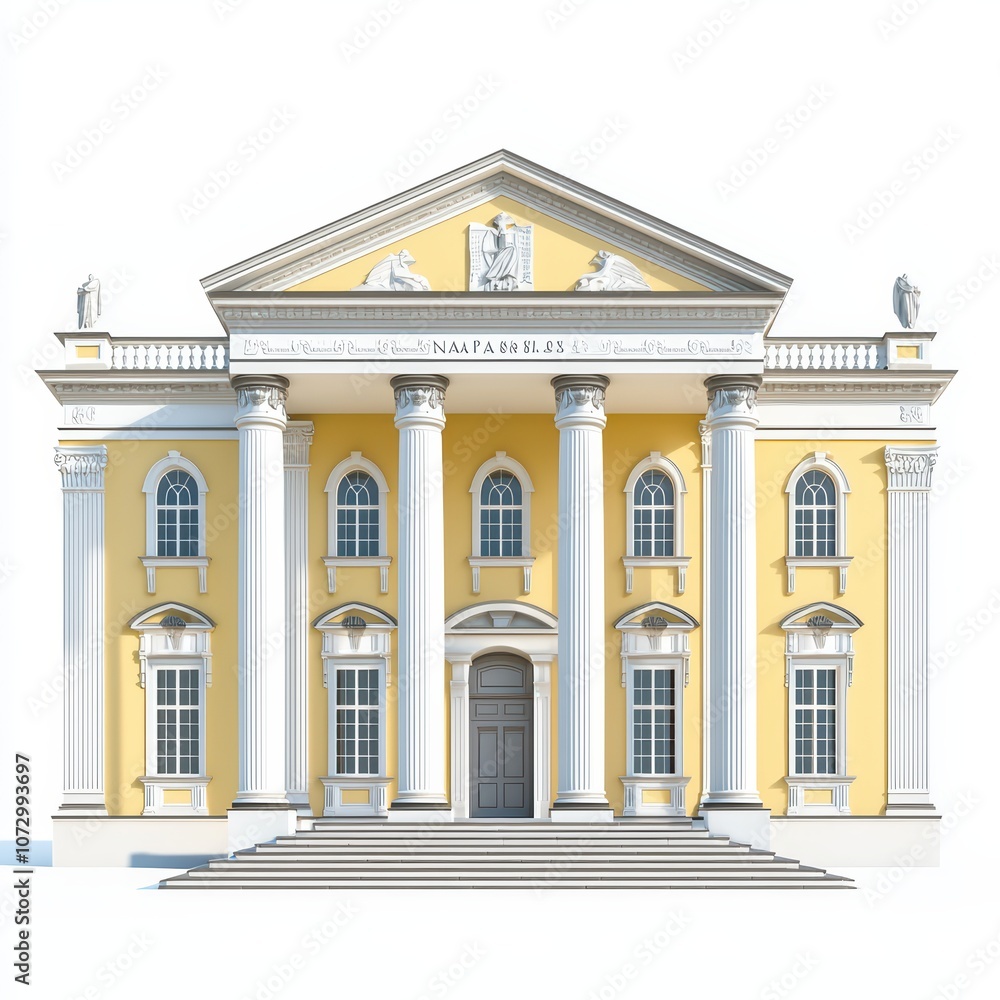 Fototapeta premium Elegant neoclassical building with yellow facade and white columns, white isolated background.