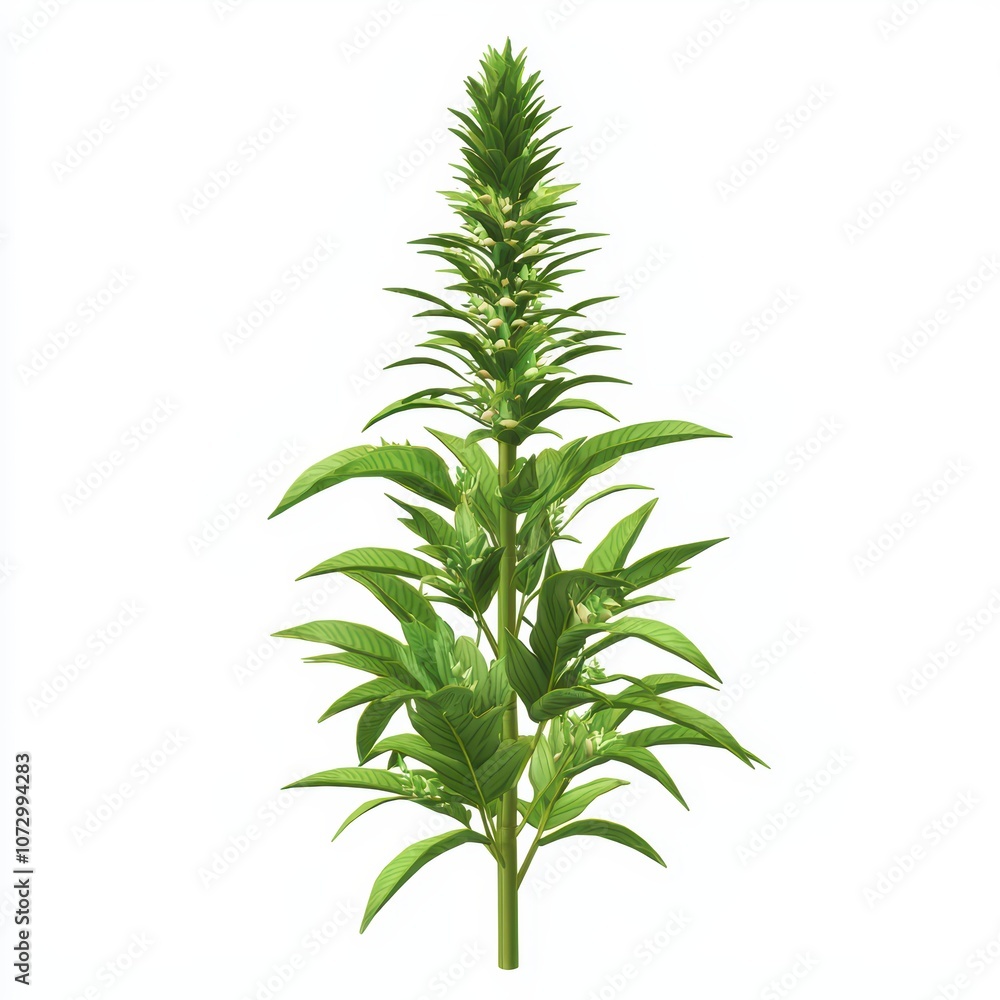 Green plant with tall stem and clusters of leaves, white isolated background. Green plant with tall stem and clusters of leaves, white isolated background.