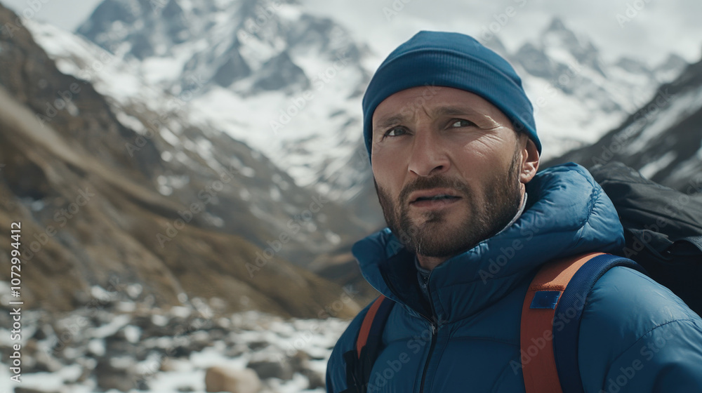 Adventurous Hiker in Mountainous Snowy Landscape with Blue Jacket and Backpack Adventurous Hiker in Mountainous Snowy Landscape with Blue Jacket and Backpack
