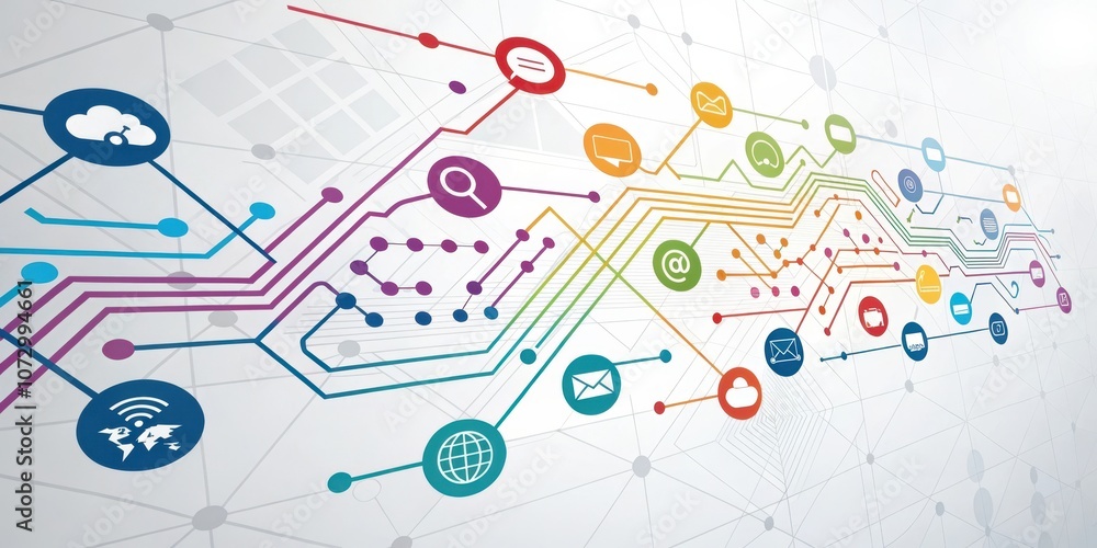 Interconnected Network of Communication Icons Representing Digital Communication, Information Transfer, and the Flow of Data Interconnected Network of Communication Icons Representing Digital Communication, Information Transfer, and the Flow of Data