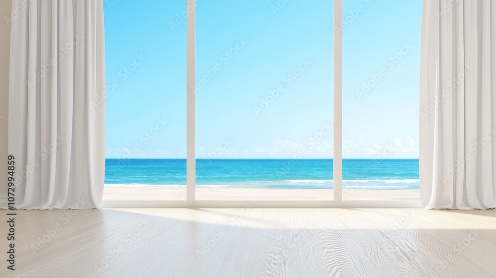 Fototapeta premium A bright and airy interior with large windows showcasing a stunning ocean view under a clear blue sky.