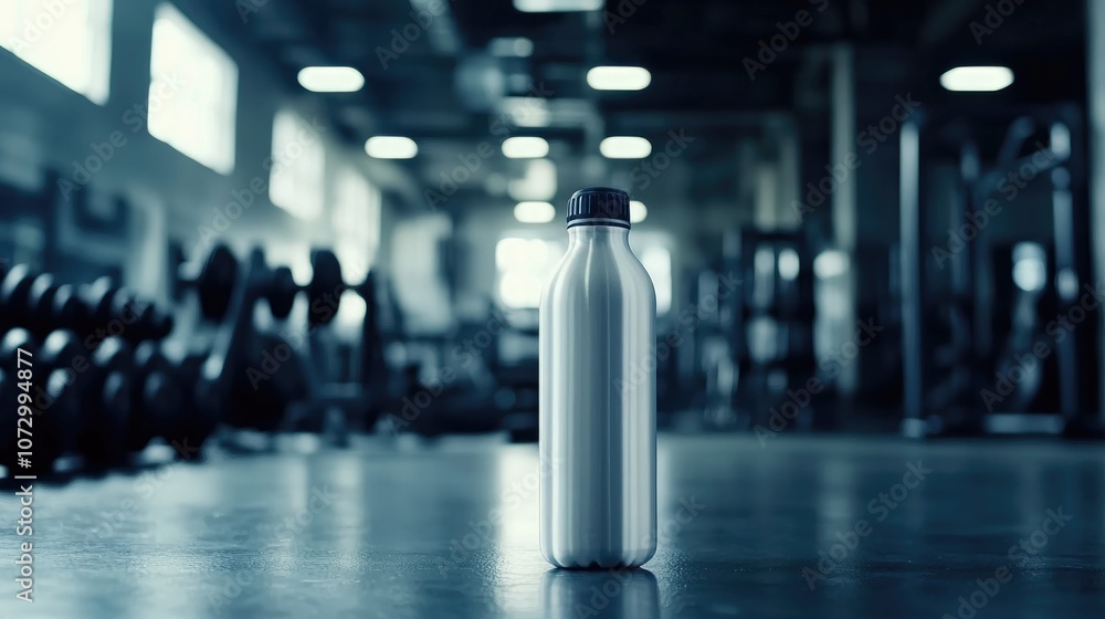 Stainless Steel Water Bottle in Modern Gym Setting Reflecting Fitness and Sustainability Trends Stainless Steel Water Bottle in Modern Gym Setting Reflecting Fitness and Sustainability Trends